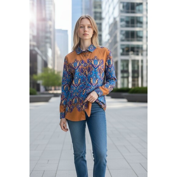 Tyler Boe Size 12 Top Orange/Blue Paisley Corp Core Fall Business Work - Picture 1 of 13